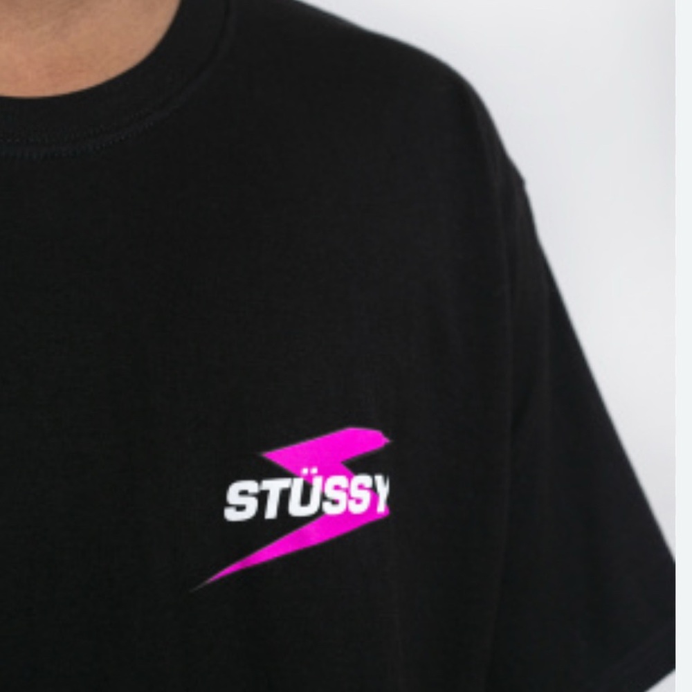 Stussy Black Tee with Vibrant Pink Accent